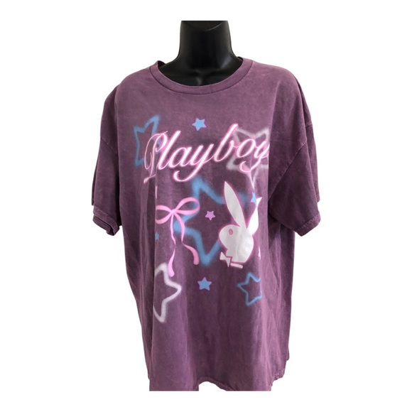 Pink mauve washed cotton blue stars Playboy bunny logo oversized t-shirt size XL - Picture 9 of 12